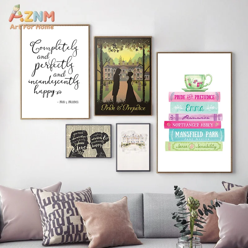 AZNM Jane Austen Book Canvas Wall Art Pride And Prejudice Quote Tea Cup Novel Print Literary Book Lover Unframed Canvas Bedroom