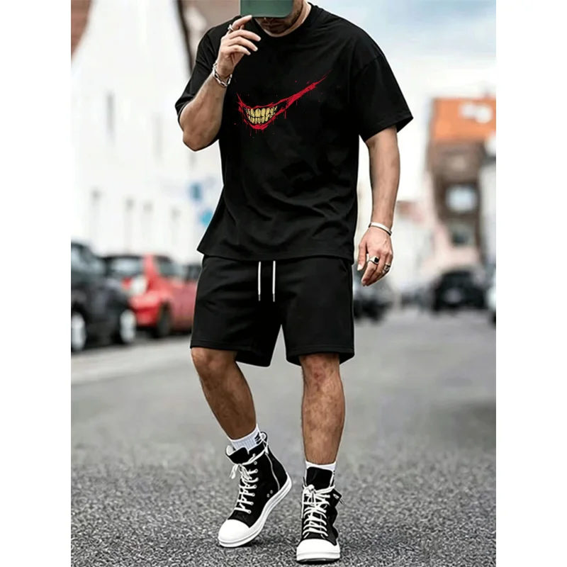 

Men's 2 Piece Outfit Horror Mouth Print T Shirt And Shorts Casual Streetwear Tracksuit Mesh Set