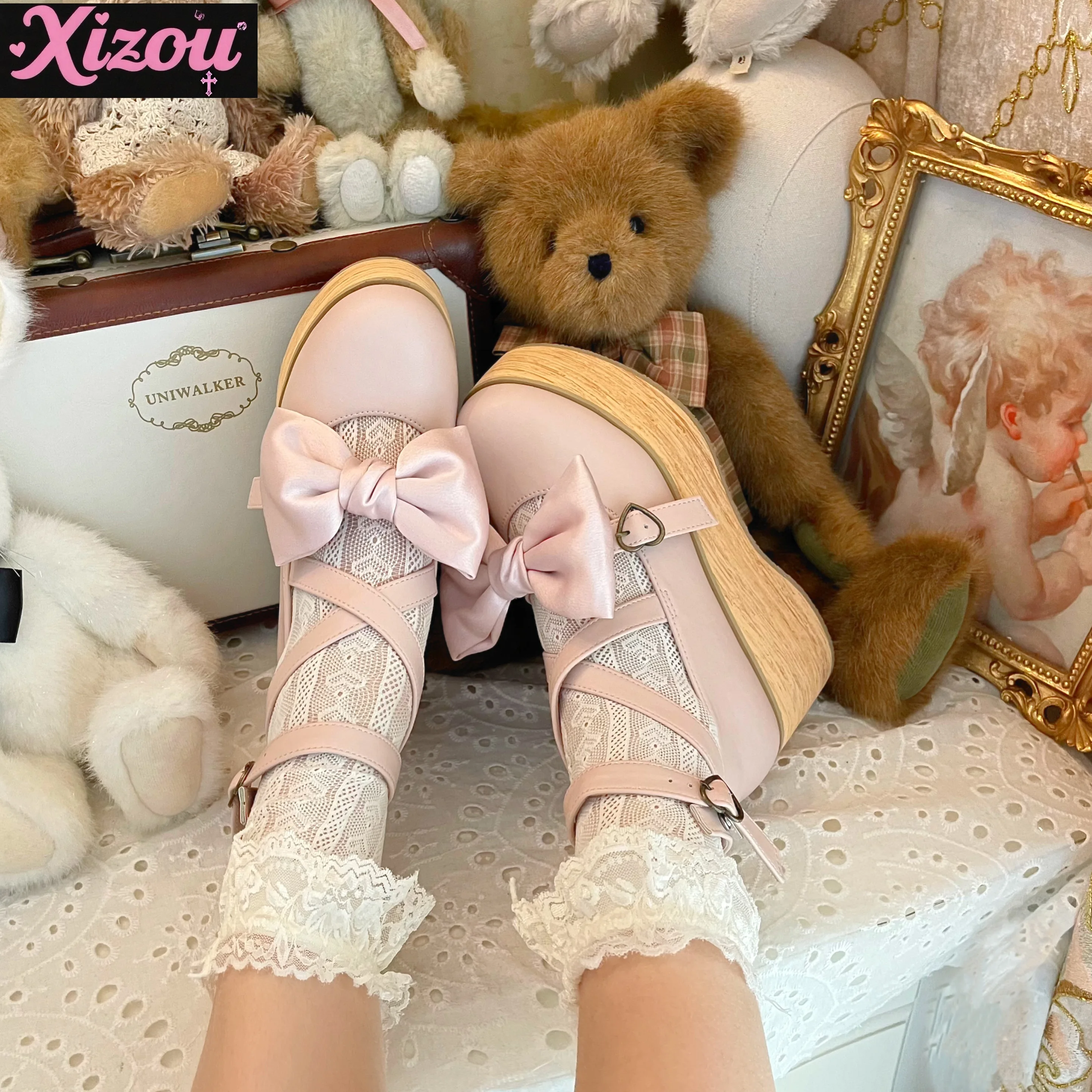 

Japanese sweet and cute lolita platform muffin shoes women's big bow pointed round head wooden sole shoes single shoes women