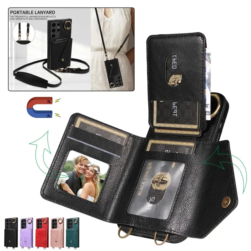 

Ring Lanyard Leather Wallet Card Phone Case For Samsung Galaxy S24 S23 Ultra S22 S21 FE A25 A15 A54 A34 A14 A53 A33 Flip Cover