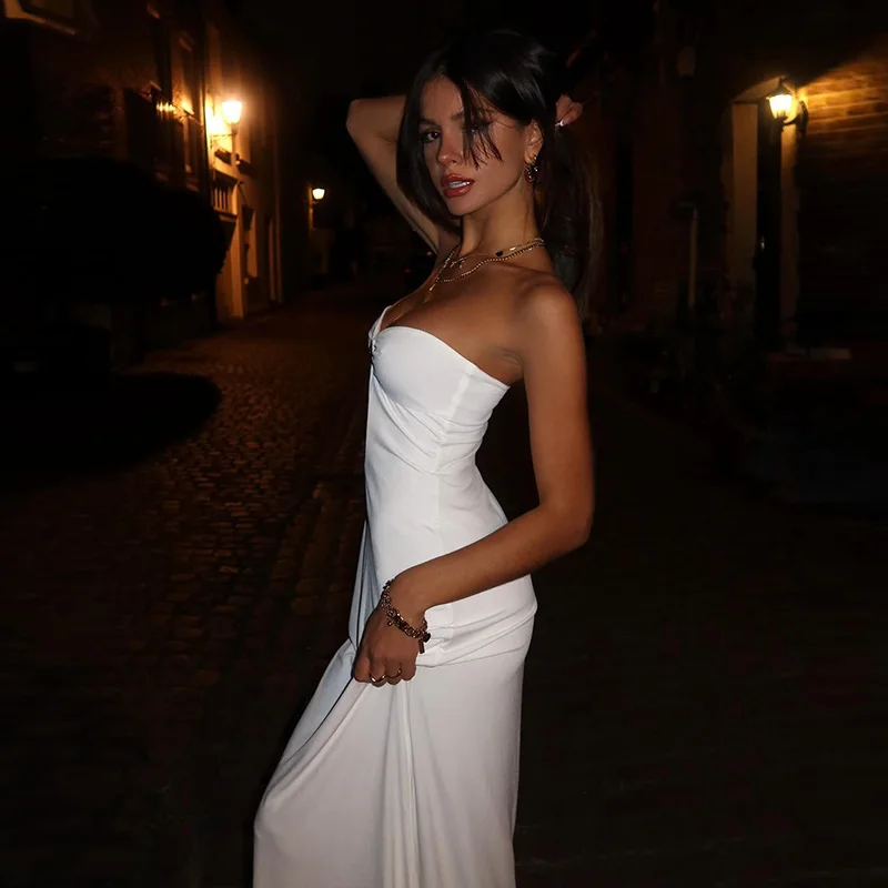 Hot Sale New Style Sexy White Party Dresses Splicing Skeleton Long Dress Black Strapless Dress Women Vestidos Largos Traf платье