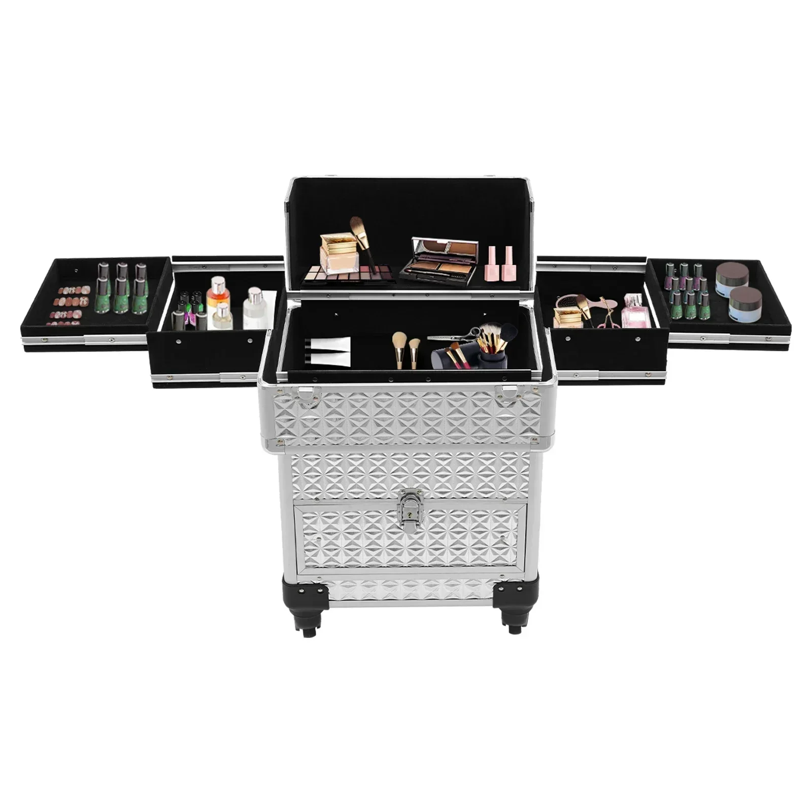 Maleta organizadora de maquillaje portátil, organizador de almacenamiento de maquillaje con carrito de cosméticos para almacenar herramientas, necesidades diarias (plateado)