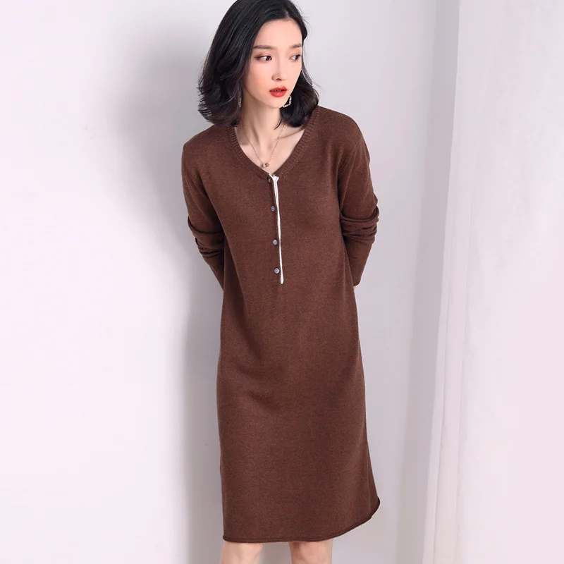 

Women's Elegant V-Neck Knit Dress Button Pullover Patchwork Loose Female Long Sweater Dresses High Quality Winter New Ins 2023