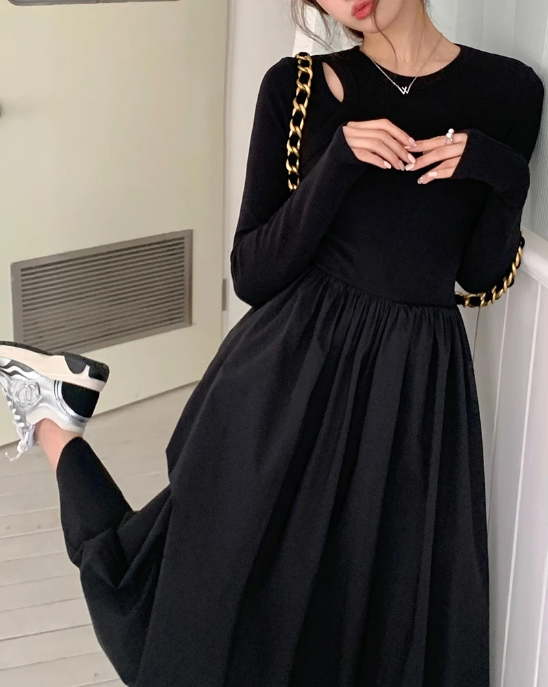 2025 Abito longuette in maglia chic classico nero a vita sottile per donna Autunno semplice casual in puro colore Moda Office Lady Abiti femminili