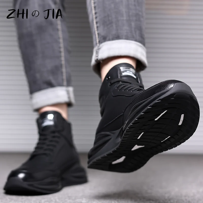 High Quality High Top Genuine Leather Shoes Autumn Winter Casual Sneaker Fashion Trend Air Cushion Shoes Men\'s Black Footwear