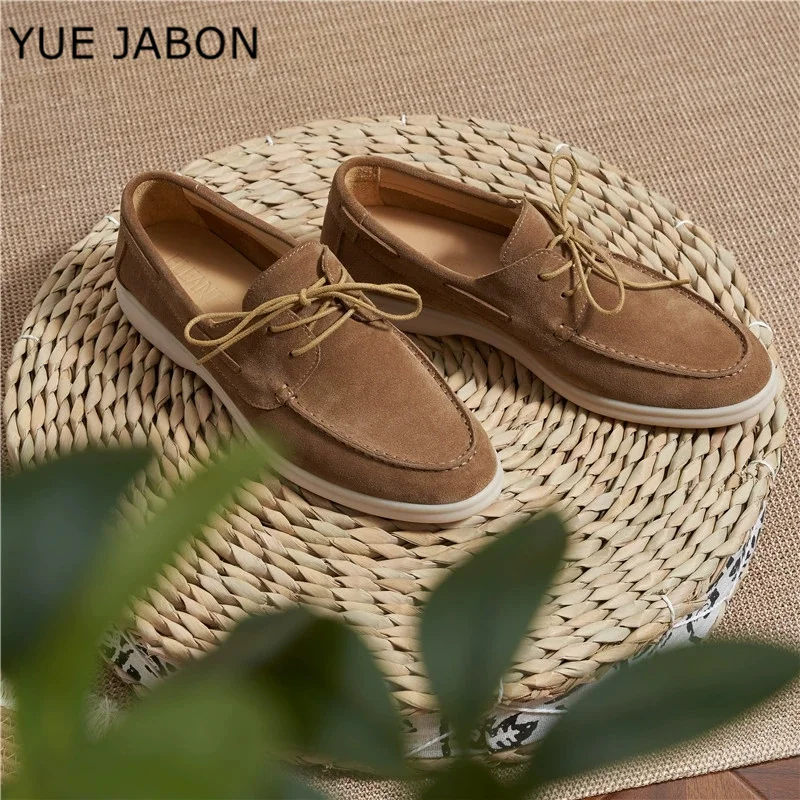 Brown Trendy Men's Genuine Leather Bean Shoes Lace Up Casual Loafers round Toe Breathable Cow Flat Bottom Summer Autumn Shoes