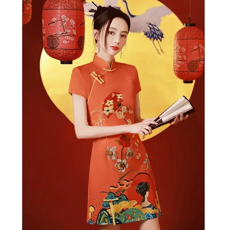 

China National Style Qipao Fashion Red Spring Summer Short Print Vintage Slim Modern Women 2023 Women Cheongsam Chinese Dress