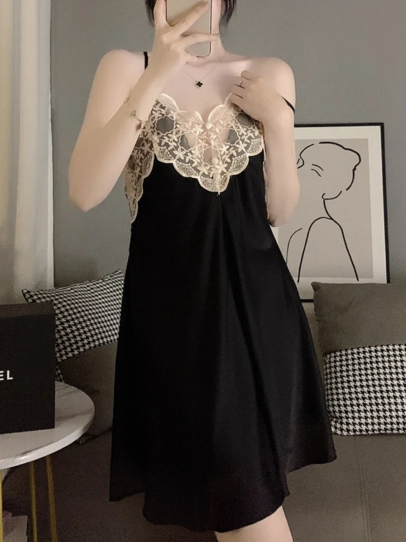 

plus Size Sexy Summer Lace Trim Sleepwear V-Neck Sleeveless Midi Dress Casual Home Clothes for Young Women Thin Fabric
