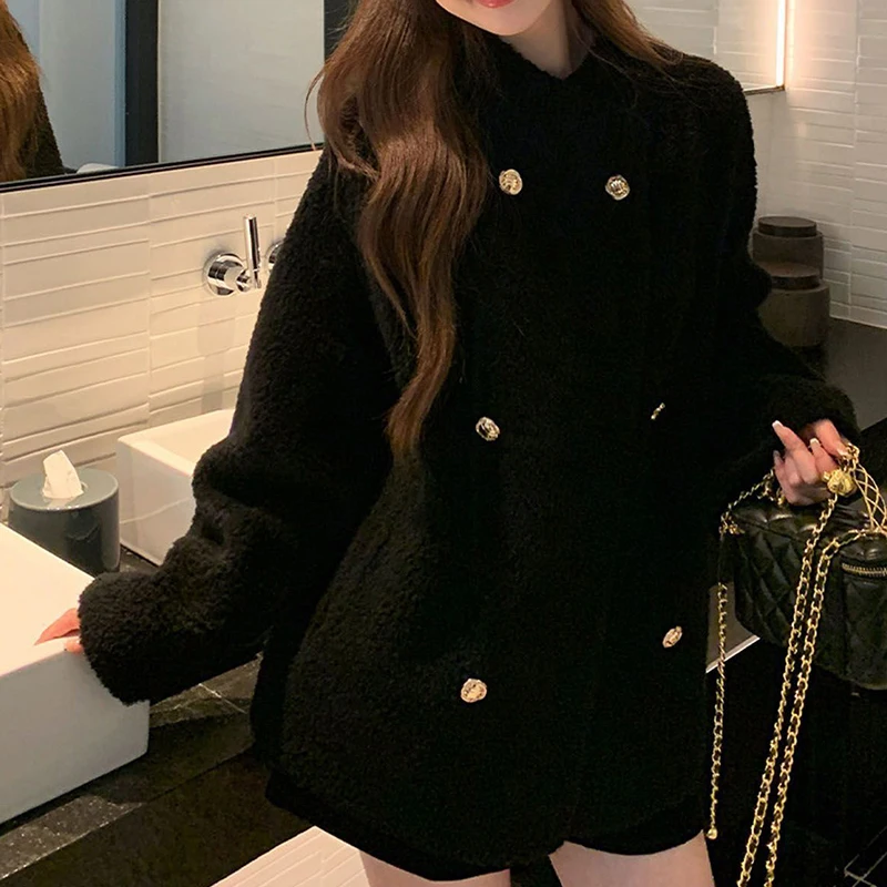 Fashion Faux Fur Coat Women Chic Stand Collar Double Breasted Warm Coat Winter Casual Loose Black Office Lady Outwear Tops New