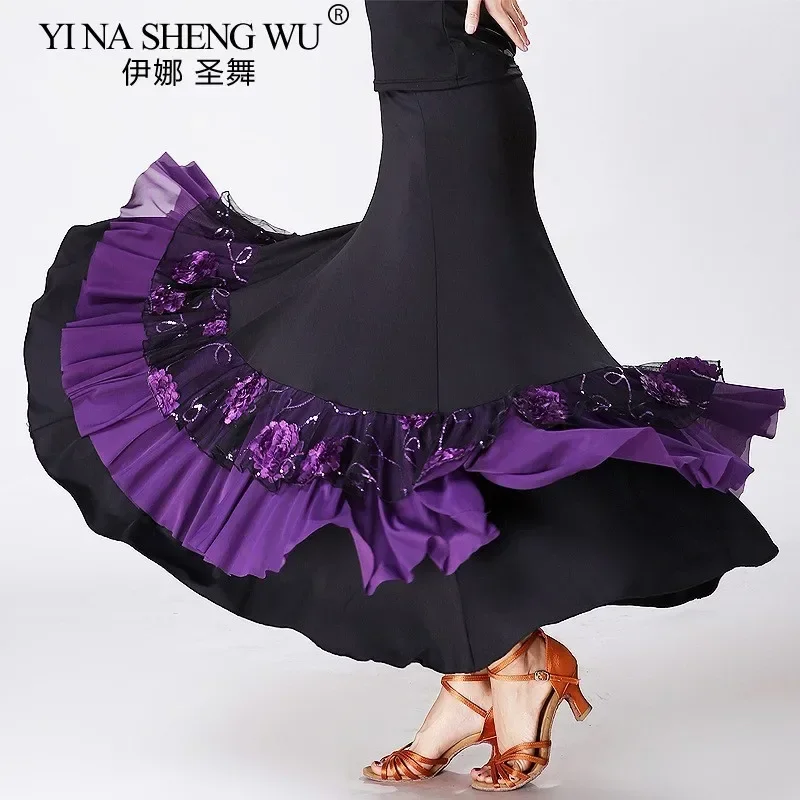Gonna da ballo di flamenco da donna Abito da ballo con volant da tango Costume da pratica per adulti Gonna da performance moderna latina con ricamo floreale