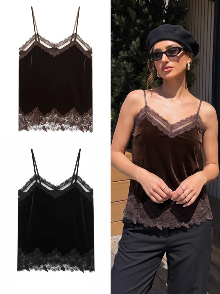 HH Women V Neck Hollow Sexy Tops Solid Sleeveless Straps Lace Velvet Patchwork Casual Camisole 2026 Summer Formal Evening Tops