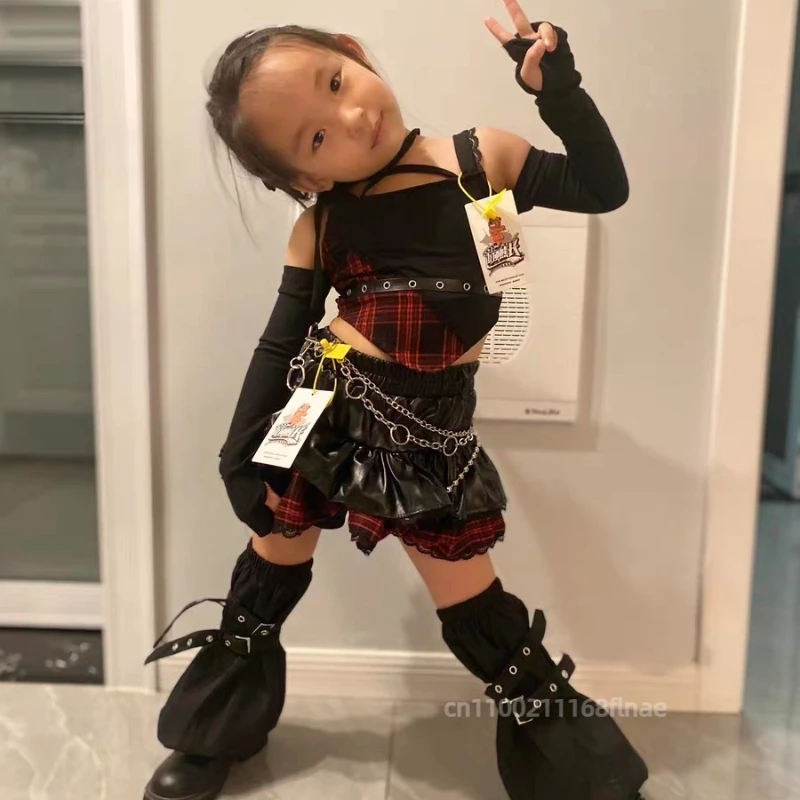 Костюм для джазового танца для девочек, комплект для танцевальных выступлений, топ + юбка + пояс + чехол для ног, детский прогулочный костюм для уличных танцев