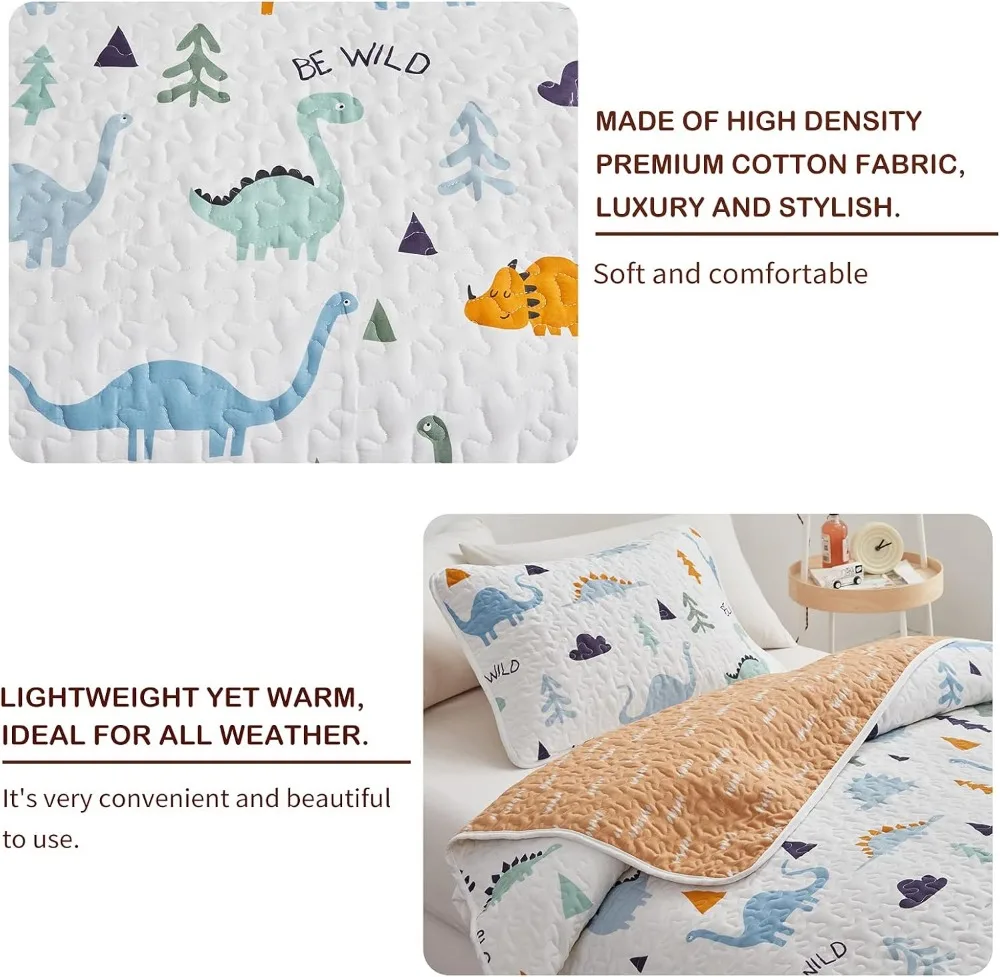 طقم لحاف قطني مكون من قطعتين، تصميم ديناصور لطيف قابل للعكس للأطفال، مفروشات قابلة للتنفس لجميع المواسم مع وسادة شام