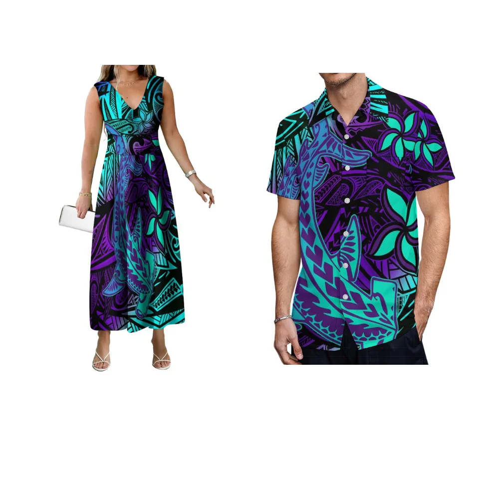 Elegant Sleeveless V-Neck Long Skirt Pocket Shirt Men And Women'S Suit Polynesian Art Print Custom Couple Party Dress Suit