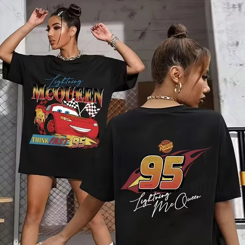 

Disney Cars Lightning McQueen Women's Print Men's Cotton T-Shirt O Neck Women's Couple Streetwear Baggy Plus Size Top