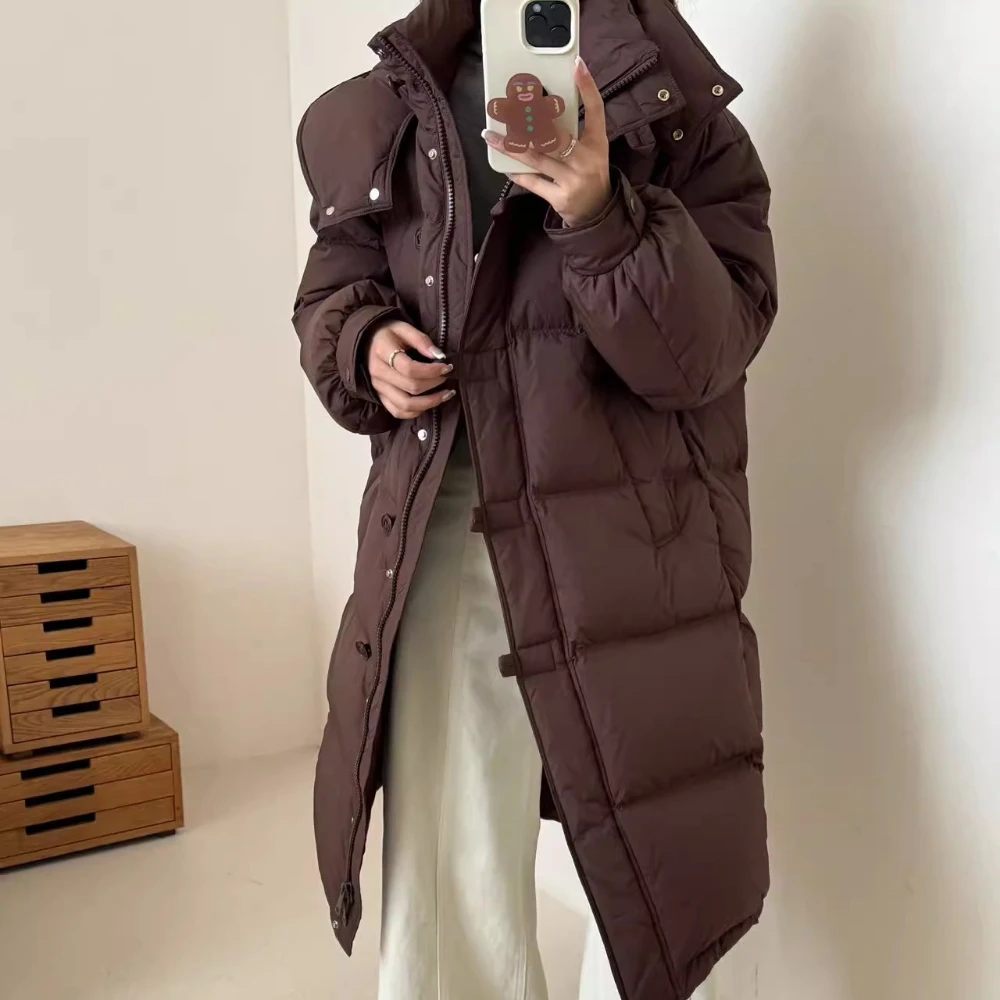 2025 Winter New Medium-length Down Jacket Female 90 White Duck Down Simple Loose Stand Collar Hooded Thickened Warm Jacket