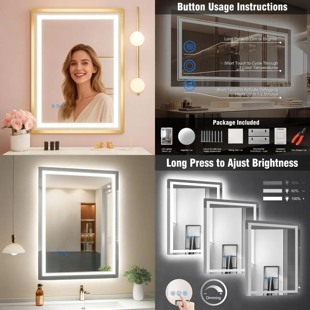 

Зеркало для ванной комнаты со светодиодной подсветкой 24x32 и сенсорным затемнением, прозрачное противотуманное, идеально подходит для макияжа и модернизации дома