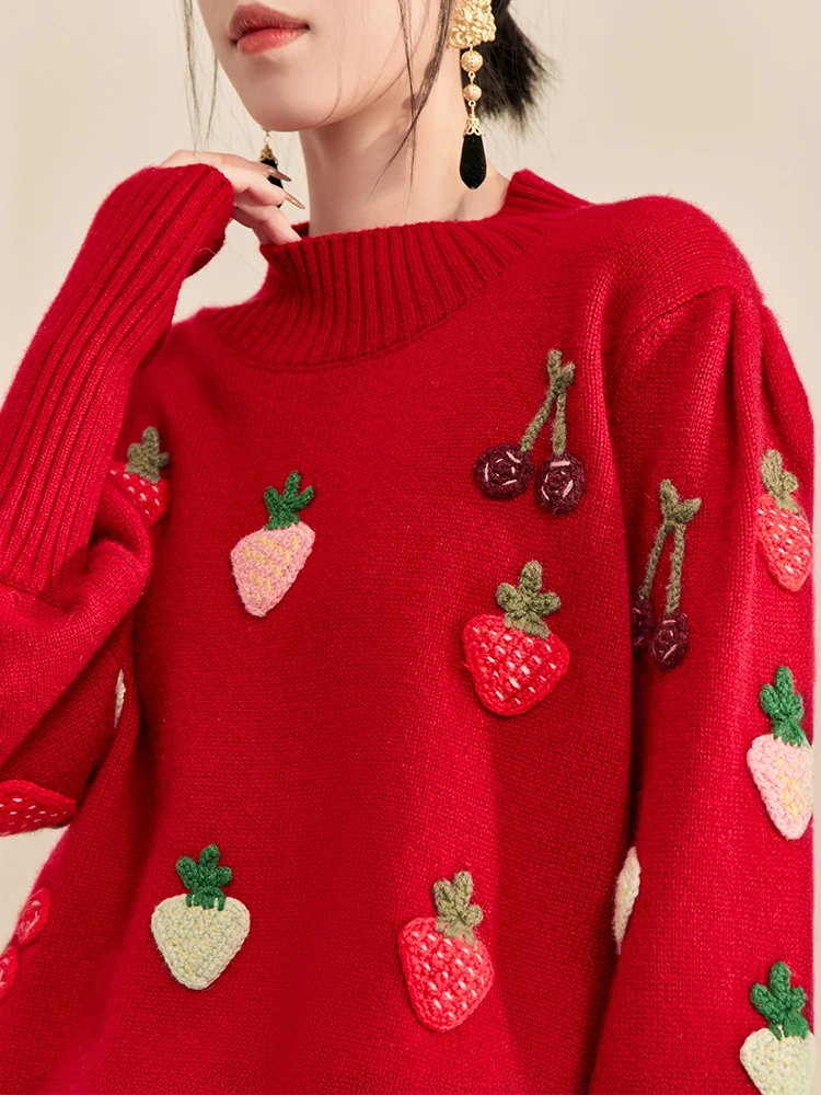 

Women Short Knit Sweater Pullover Strawberry Embroidered Cute Fruit Pattern Long Rib Sleeve Winter Warm Sweater Top