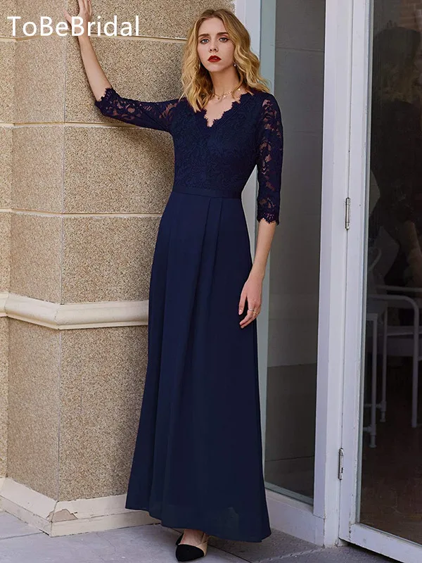 Elegant Navy Evening Dresses Elegant V-Neck Long Sleeves Mother Of The Bride Party Dress  A-Line Formal Prom Gowns Customized