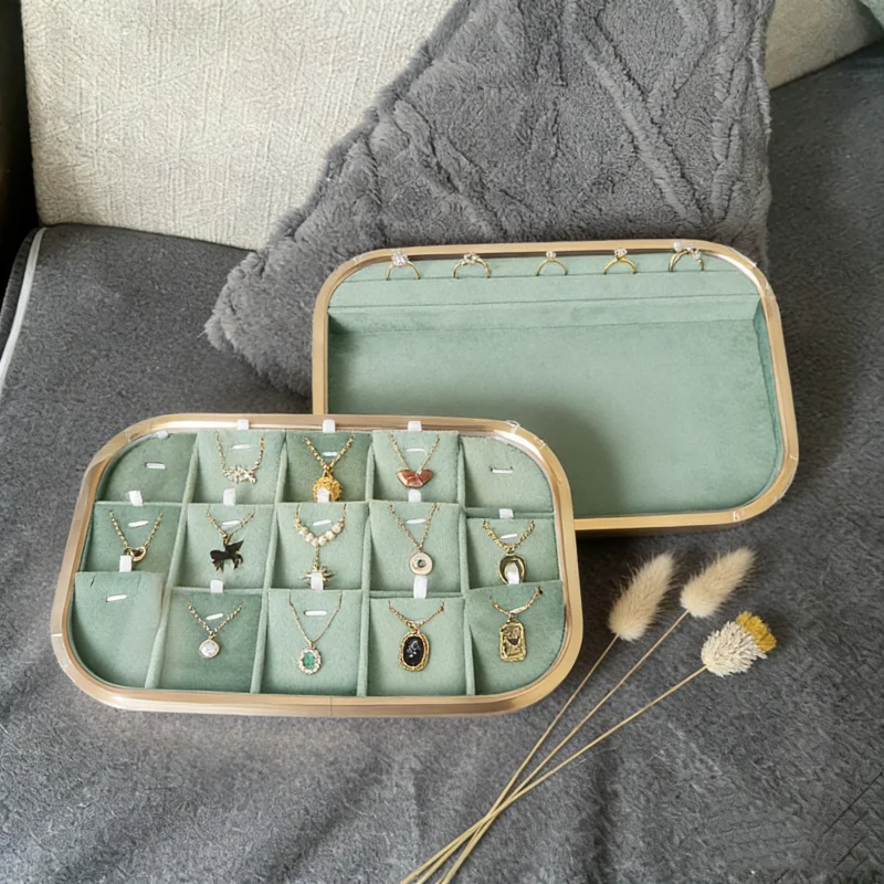 

Green Velvet Jewelry Tray with Metal Edge, Organizer for Necklace Ring Pendant Bracelet, Boutique & Exhibition Display Stand