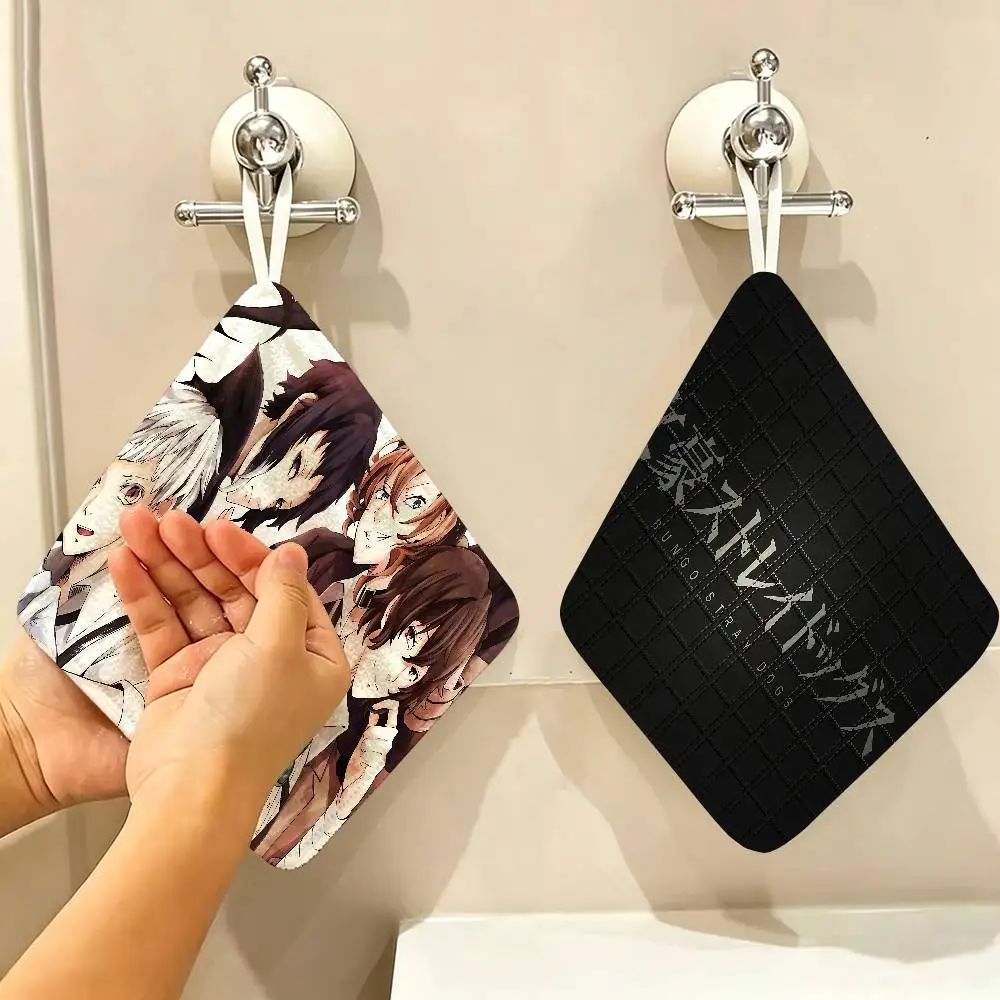 Anime B-Bungo S-Stray D-Dogs Hanging Kitchen Towel, Polyester Cotton Fabric, Absorbent Hand Wiping Towel for Home Dormitory
