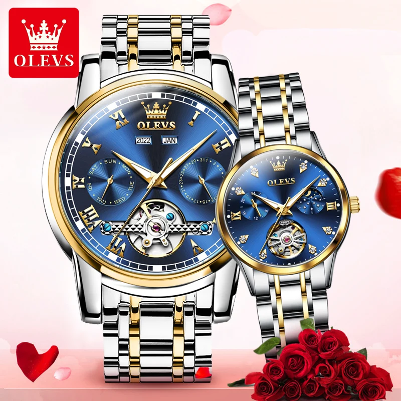 OLEVS Couple Watch Set for His Hers Automatic Wristwatch Lovers Set Watches Stainless Steel Waterproof TOP Best Selling Watch