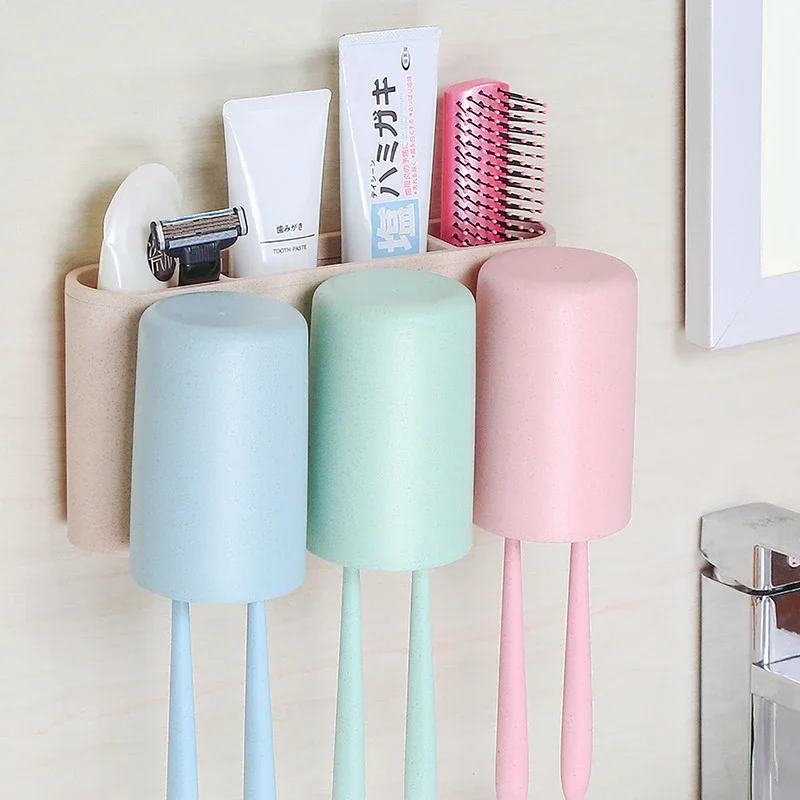 

Wall Hanging Toothpaste Storage Rack, Toothbrush Holder Set, Family of Three, Washing Cup, Bathroom Punch-Free, Gargle Cup