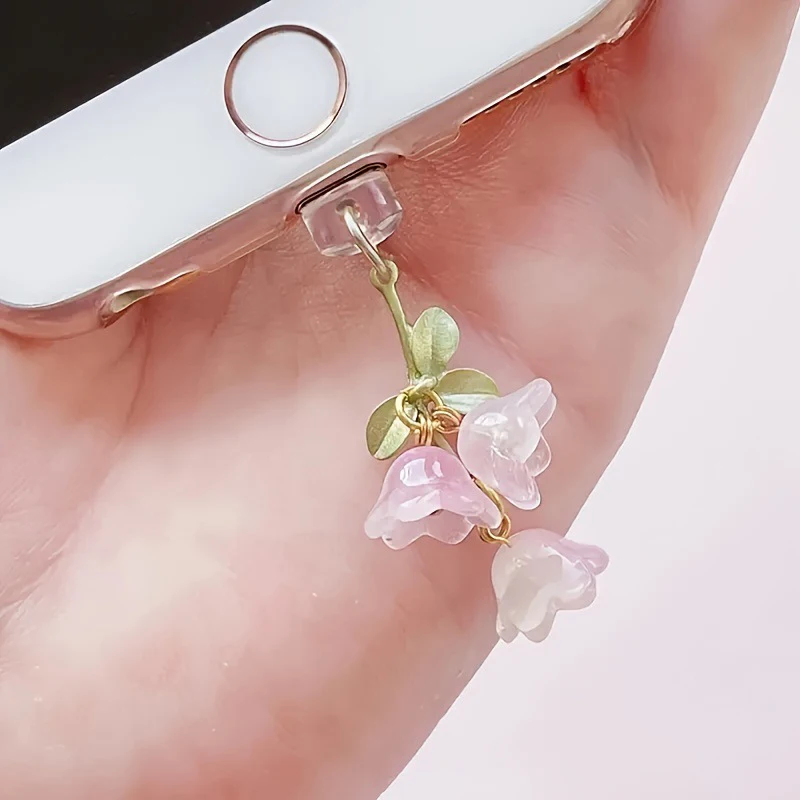 New 1PC For Phone/Type-C Interface Cute Pink Lily Of The Valley Phone Charm Flower Green Leaf Dust Plug DIY Accessories