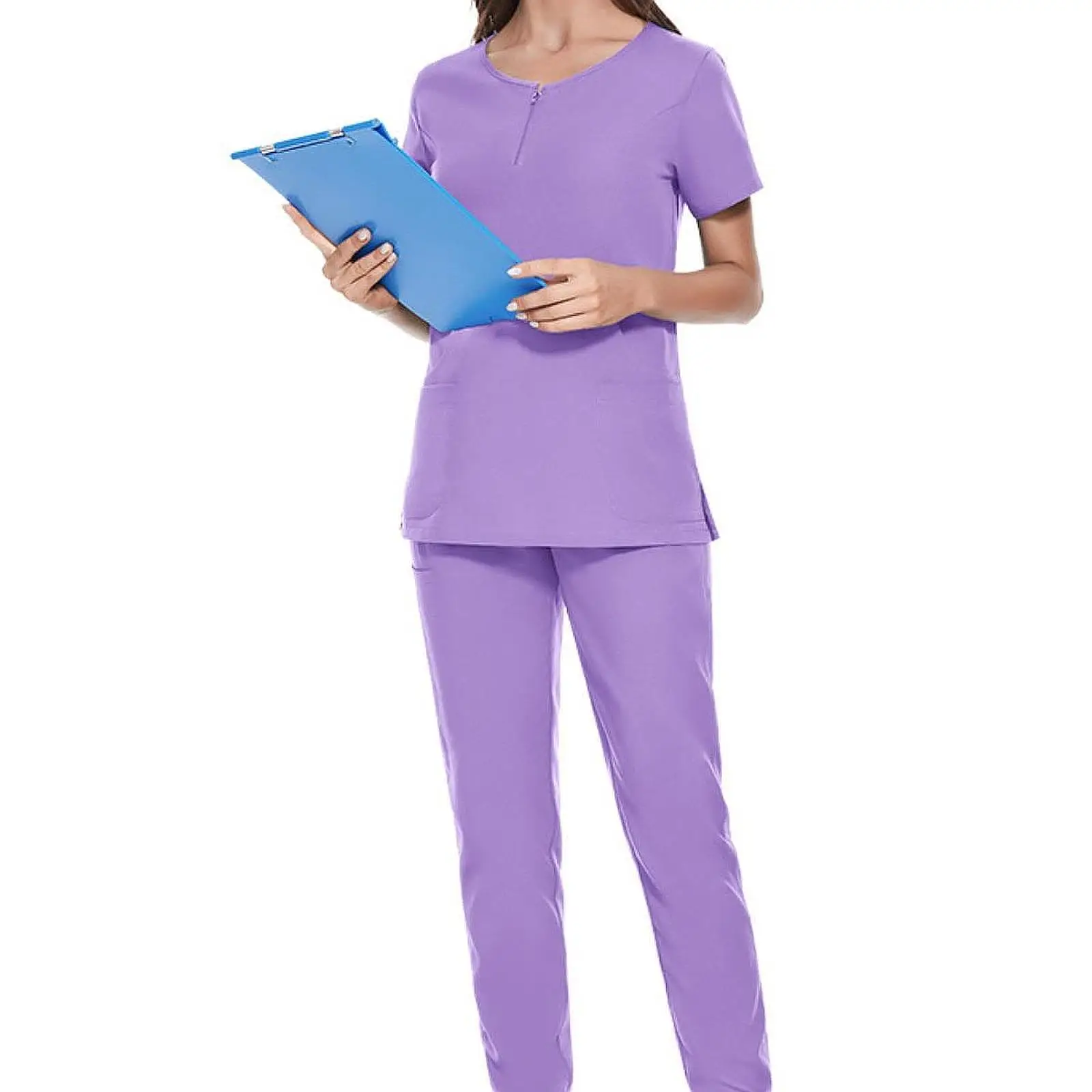 

Polyester Nurse Scrub Uniform Set Women Comfortable Short Sleeve Top and Pants Breathable Work Suit for Spa Clinic Veterinary