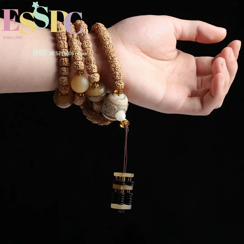 High Quality Natural Five Petal Exploded Stripes Rudraksha 108 Bodhi Beads Prayer Bracelet Sheep Horn Charm Hand String Dropship