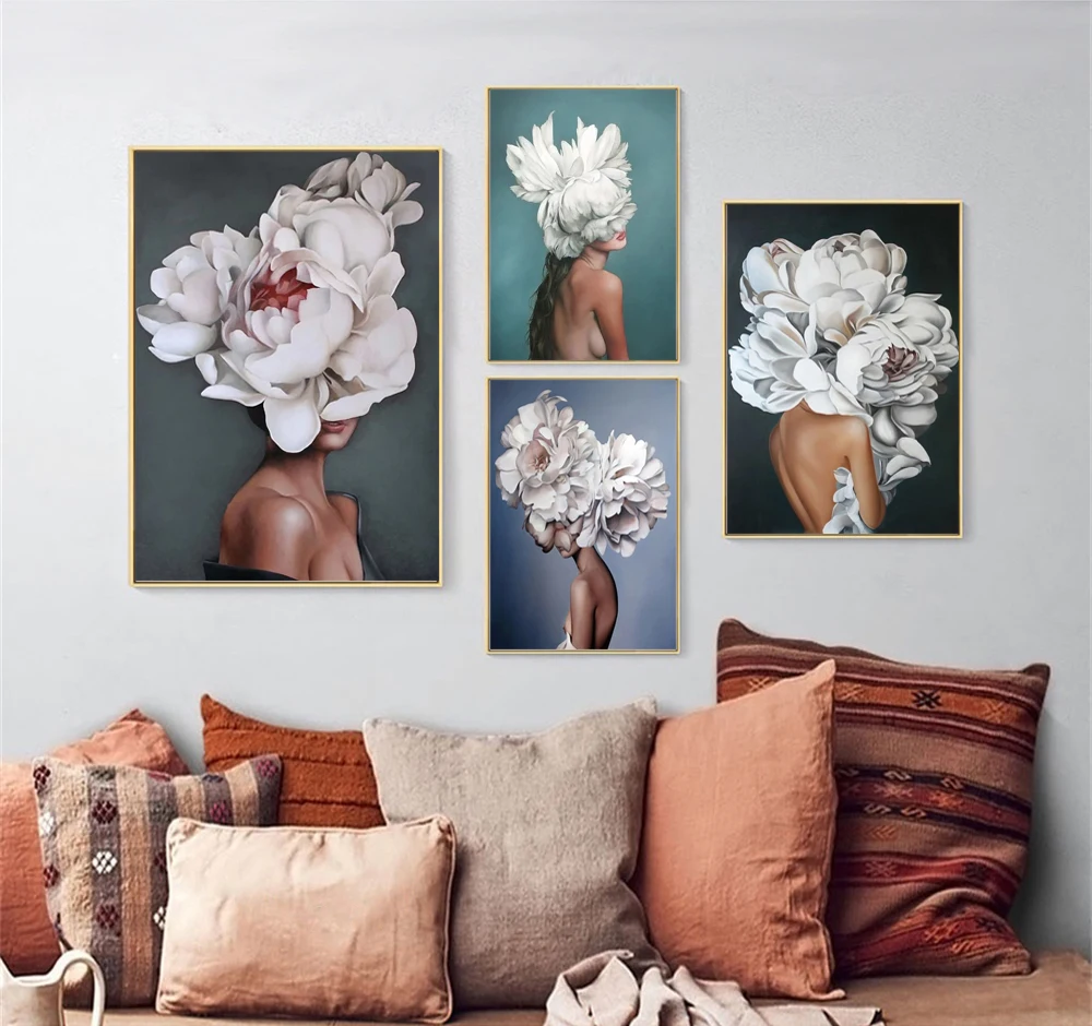 

the Girl with Flowers on Her Head Poster Women and Flowers Abstract Wall Art Canvas Painting Prints For Living Room Home Decor