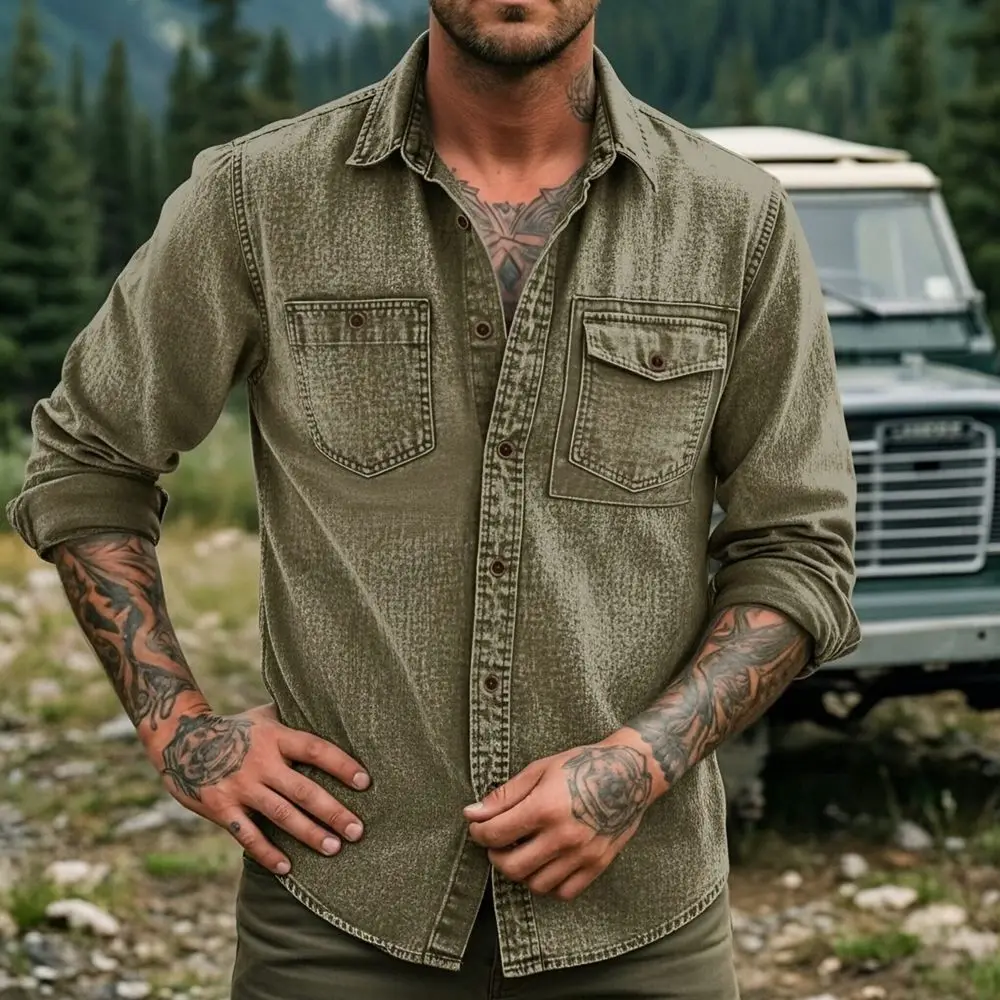 

2026 Men's Spring Autumn Casual Shirts Solid Color Long Sleeve Lapel Denim Tops Button Shirts for Party