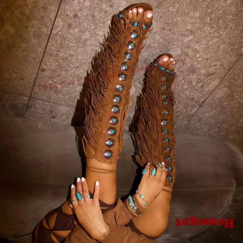 

Gemstone Tassel Sandals Frigne Open Toe Stiletto Heels Lace Up T-Strap Slingback Women's Sandals 2025 New Summer Brown Luxury