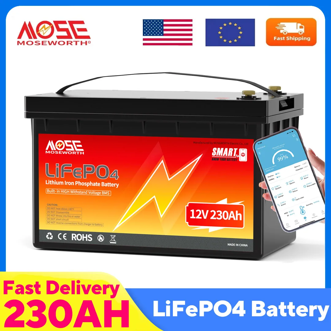 

MOSEWORTH 12V 230Ah 168Ah LiFePO4 Battery with Bluetooth BMS Lithium Iron Phosphate Battery for RV Camper Marine Solar