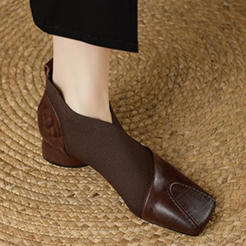 

Square Toe Women's Ankle Boots Elegant Designer Mid Heels Shoes 2025 Fashion Party Winter Boots New Walking Knitting Mujer Botas