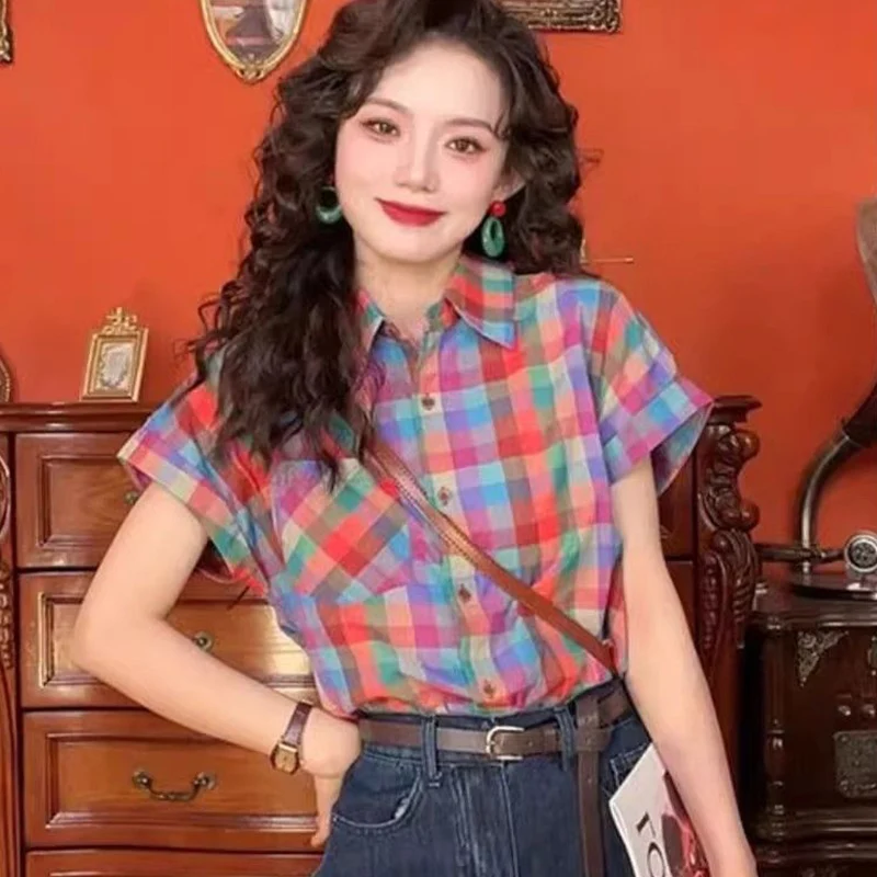 Retro Hong Kong Style Colorful Plaid Short Sleeved Shirt Summer New Color Collision Fashionable and Casual Polo Collar Lady Top