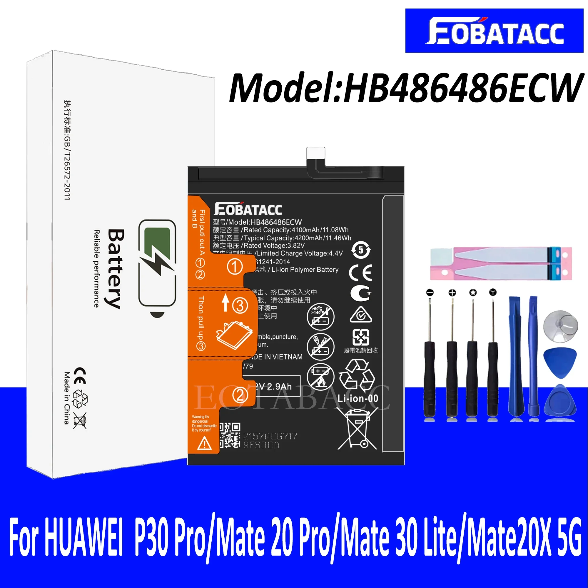 

EOTABACC 100% New Original Battery HB486486ECW For HUAWEI P30P/ P30 Pro/Mate 20 Pro/Mate 30 Lite/Mate20X 5G Battery +Tools