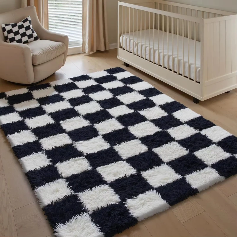 Living room carpet: black and white plaid, fluffy, plush carpet; soft