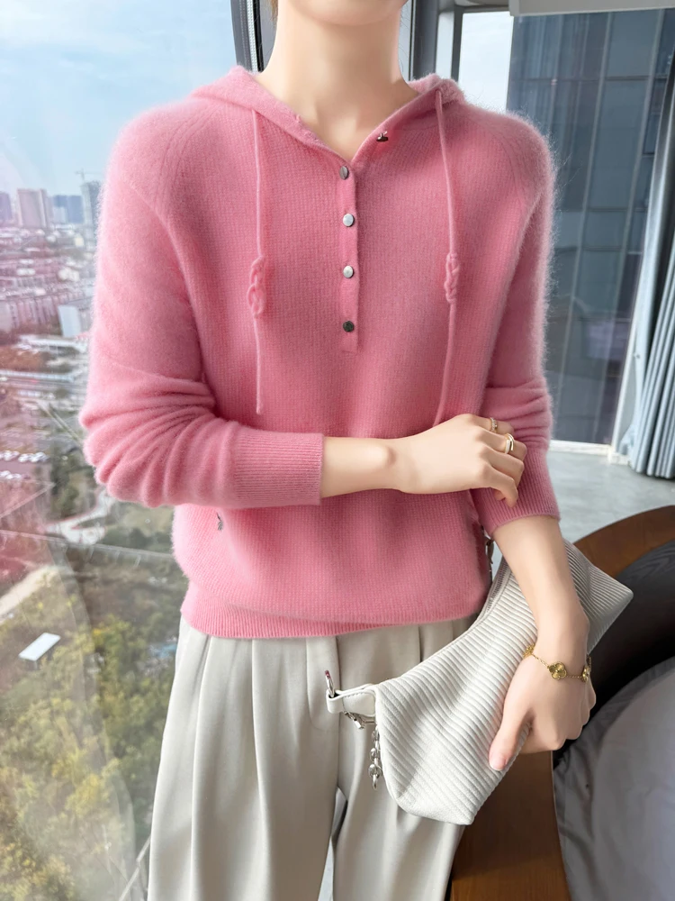 Fashionable 100% Merino Wool Sweater Women's Hooded Knitted Pullover Soft Long Sleeve Cashmere Autumn Winter for Clothing Top