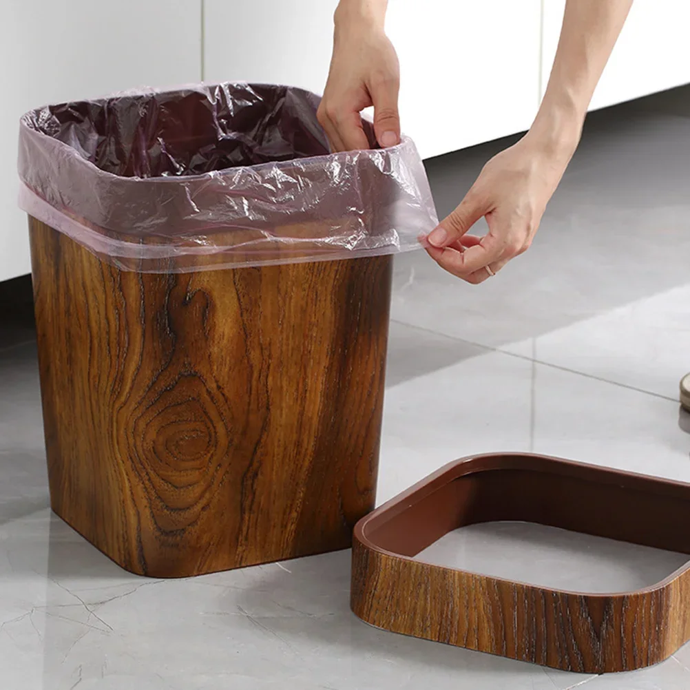 

Square Retro Wood-Look Trash Bin, Large Capacity Plastic Garbage Can for Home Waste