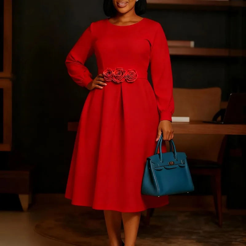 

Осень-зима модное африканское женское платье с длинным рукавом и круглым вырезом из полиэстера с высокой талией вечернее платье миди Дашики африканские платья