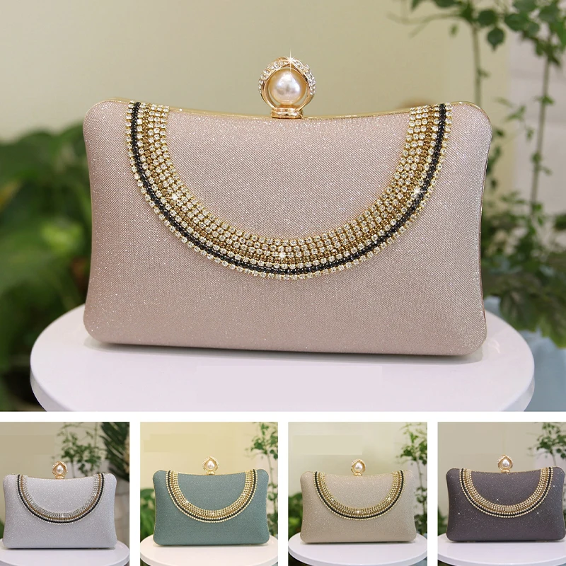 Elegant Evening Clutch Handbag PU Leather Shiny Crystal Rhinestone Women Wedding Party Purse with Chain Lady Messenger Wallet