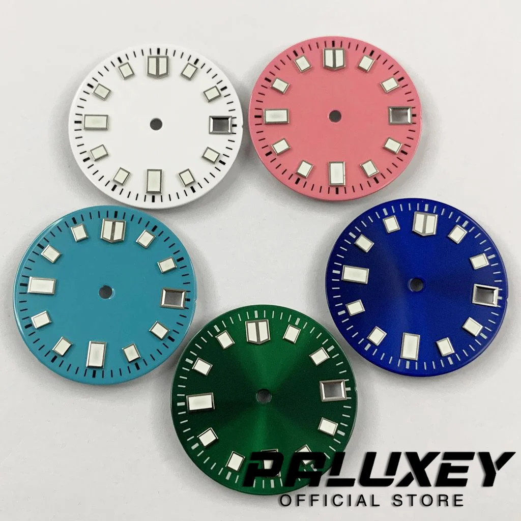 

28,5 мм NH35 Розовый Белый Синий Зеленый циферблат для часов зеленый светящийся циферблат для часов NH35/NH35A/4R/7S механизм запасные части