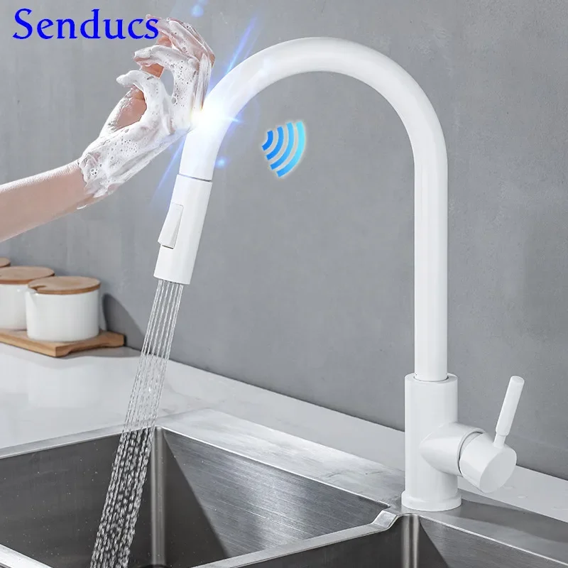 White Touch Kitchen Faucets with Pull Down Sprayer Hot Cold Pull Out Kitchen Sink Mixer Tap Sensitive Touch Kitchen Faucet