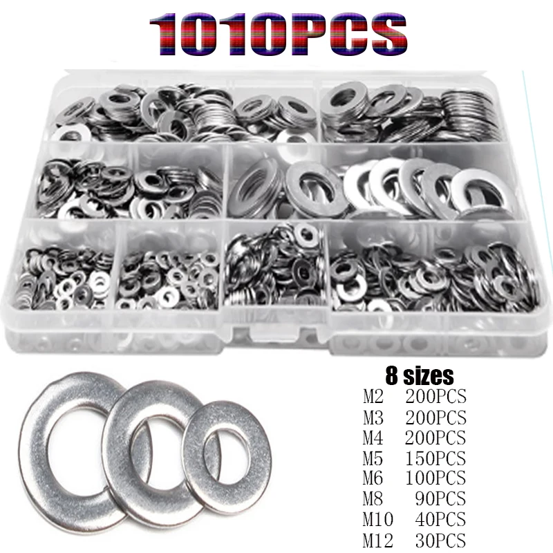 

1010pcs Stainless Steel Washer M2 M3 M4 M5 M6 M8 M10 M12 Flat Washers Ring Plain Washer Gaskets Assortment Kit for Sump Plugs