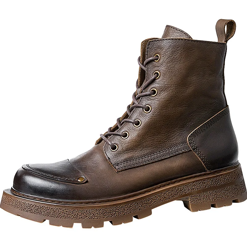 

Autumn Winter Riding Boots Men Cowhide Thick Bottom Short Boots Zipper High Top Shoes Fashion Cowboy Boots Motorcycle Boots