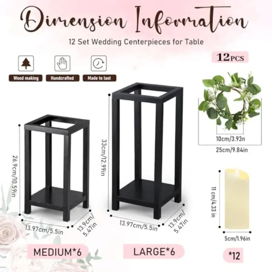 Juego de 12 linternas de madera negras de 10,59 pulgadas y 13 pulgadas para centros de mesa de boda con 12 velas LED y 12 coronas de hojas de eucalipto rústicas