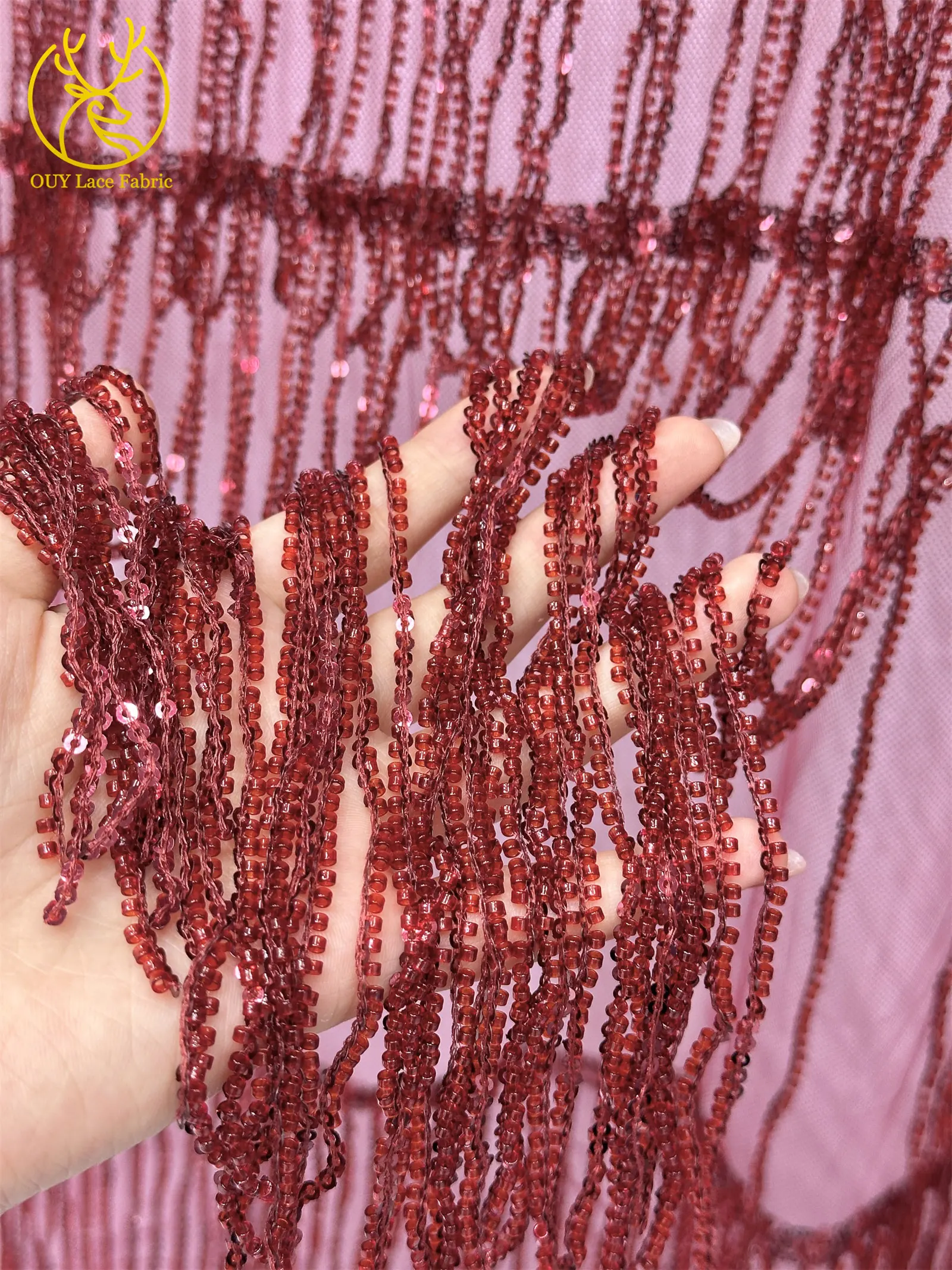 Weinroter nigerianischer 3D-Quasten-Perlen-Spitzenstoff, französischer Pailletten-Tüll-Spitzenstoff, afrikanischer Spitzenstoff für Damen, Hochzeitskleid, Nähen – Detail 7