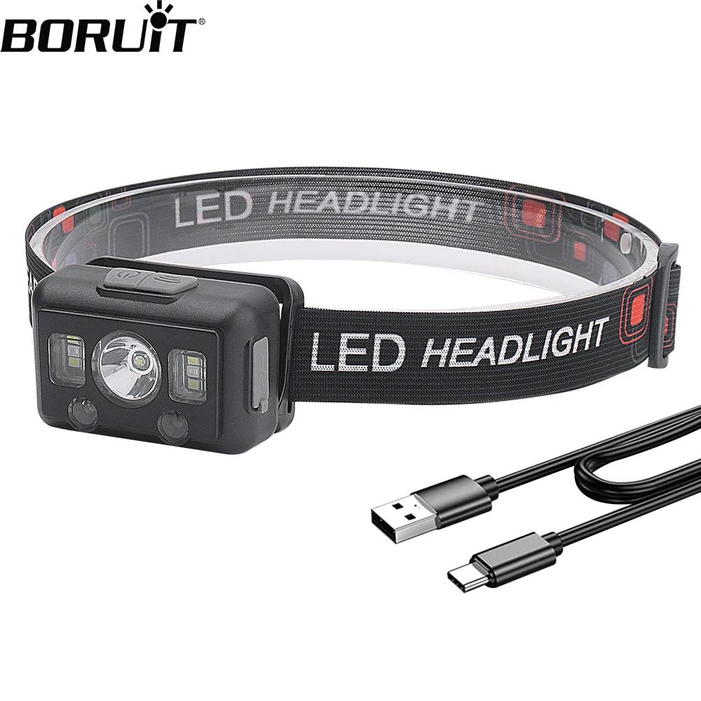 

BORUiT Newest Motion Sensor LED Headlamp Type-c Rechargeable Built-in Battery Headlight Waterproof Head Torch Hiking Lantern