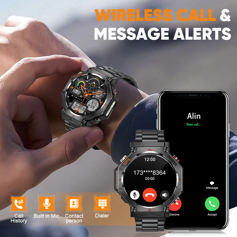 LUIK Robuuste buitensport GPS-padtracking Smart Watch met zaklamp Kompas 3ATM Waterdichte Bluetooth-oproep Heren Smartwatch